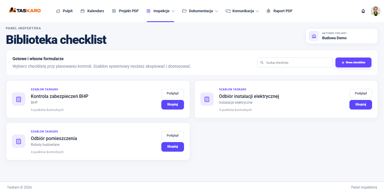 Checklisty kontrolne w panelu inspektora