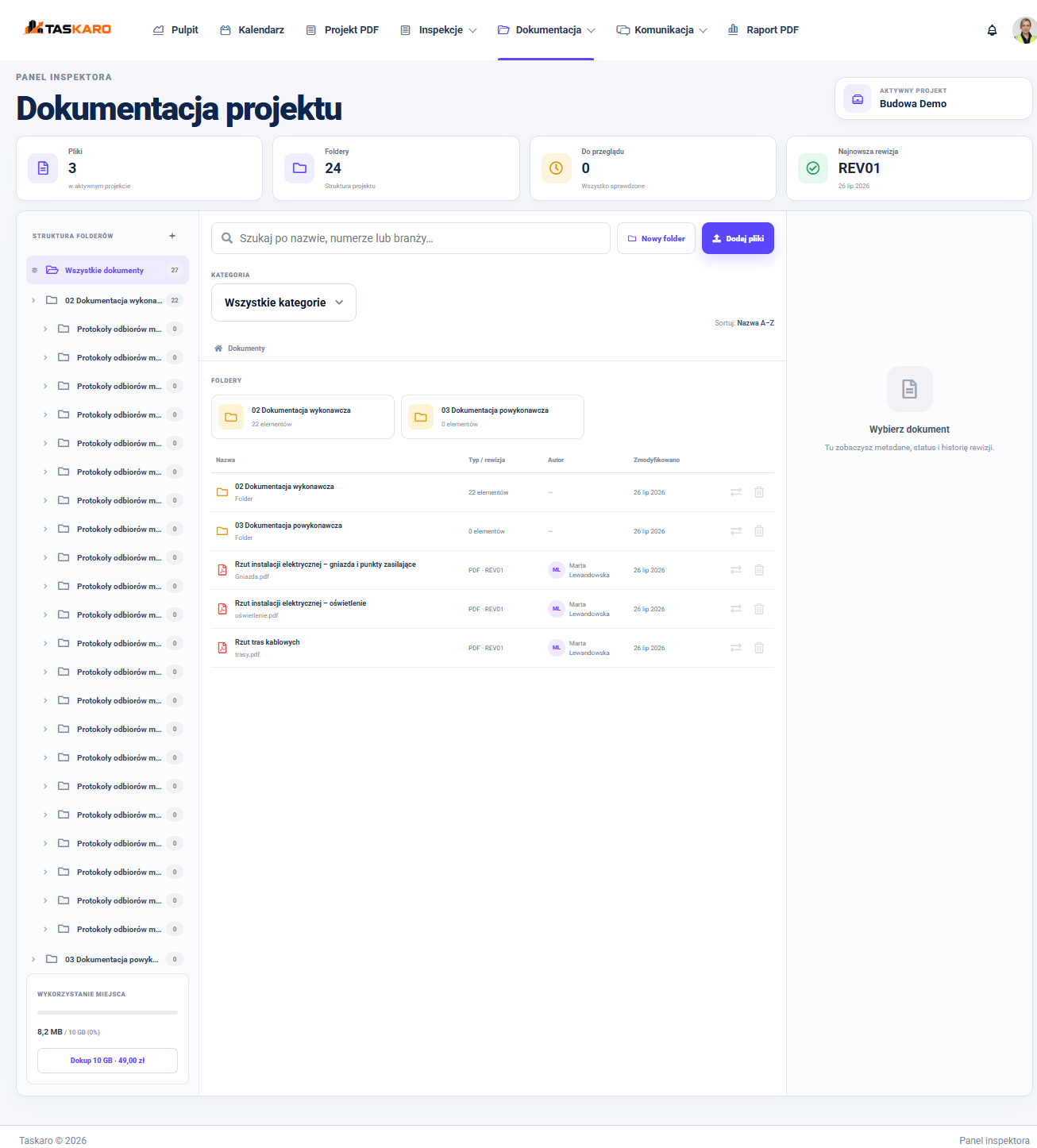 Dokumenty projektu w panelu inspektora